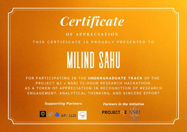 Project Q2 and NSRI hackathon certificate