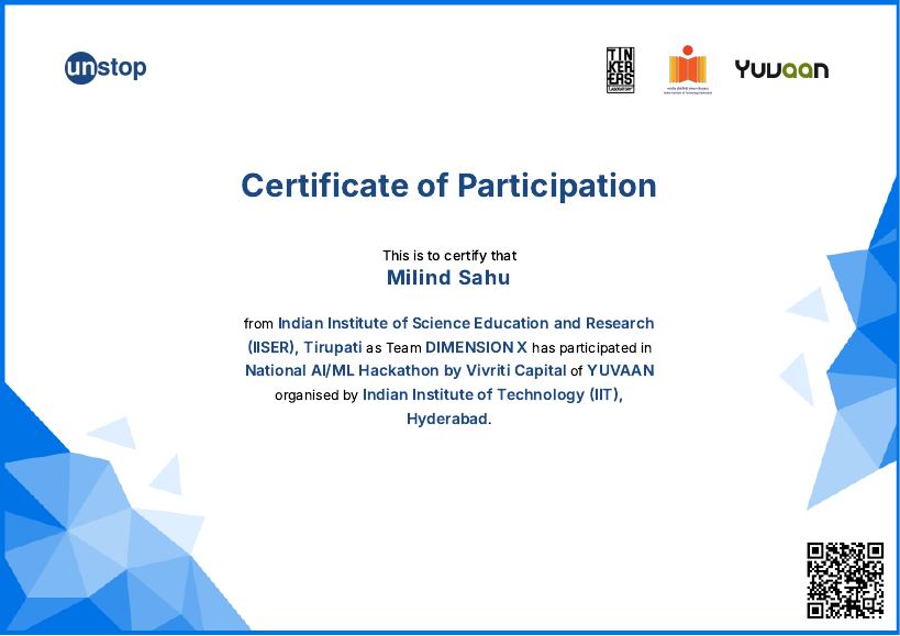 YUVAAN AI/ML Hackathon certificate